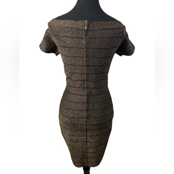 GUESS Bodycon Bandage Metallic Gold off the shoulder dress in US 10 M Black tie - Picture 7 of 11